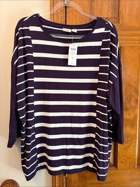 Chico's Eggplant & White 3/4 Sleeve DeeDee Drop Shoulder Top
